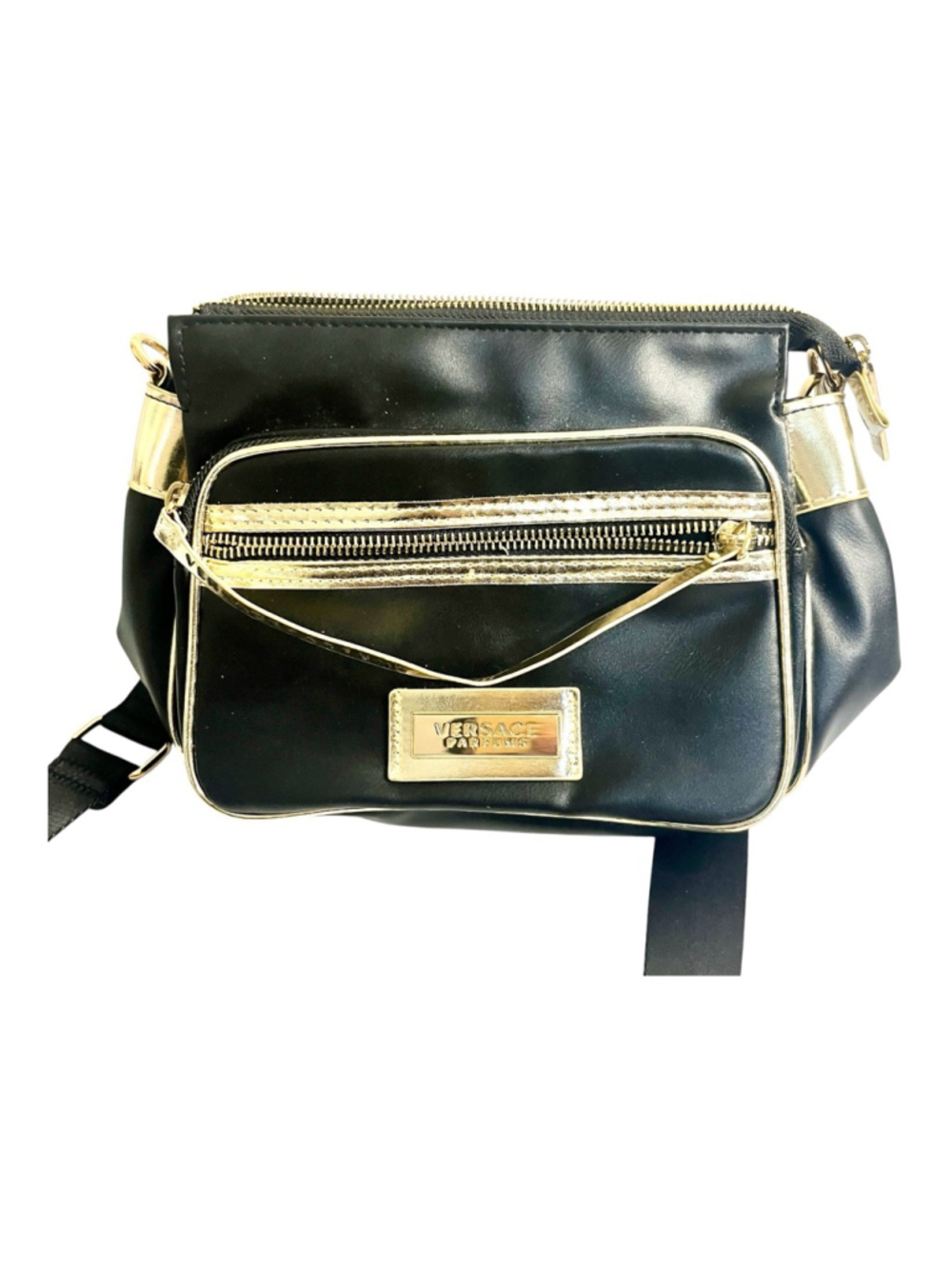 Versace Parfums black and gold crossbody bag